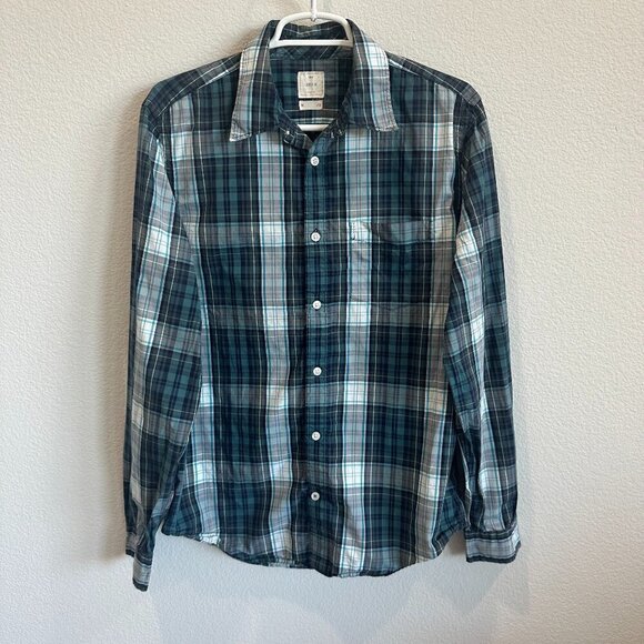 GAP Other - Gap "Lived In" Casual Navy Blue, White, & Green Plaid Button Down Shirt Top